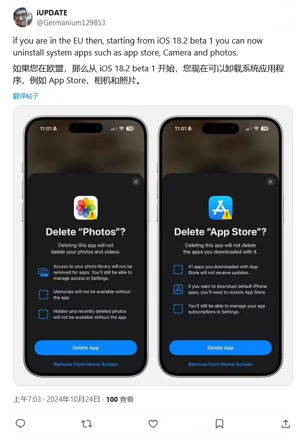 东宁苹果手机维修分享iOS 18.2 支持删除 App Store 应用商店 