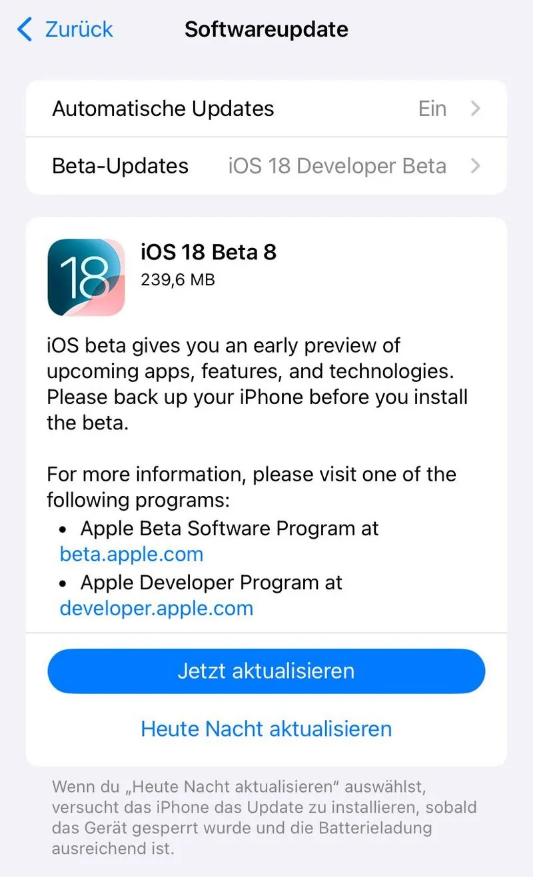 东宁苹果手机维修分享苹果 iOS / iPadOS 18 开发者预览版 Beta 8 发布 